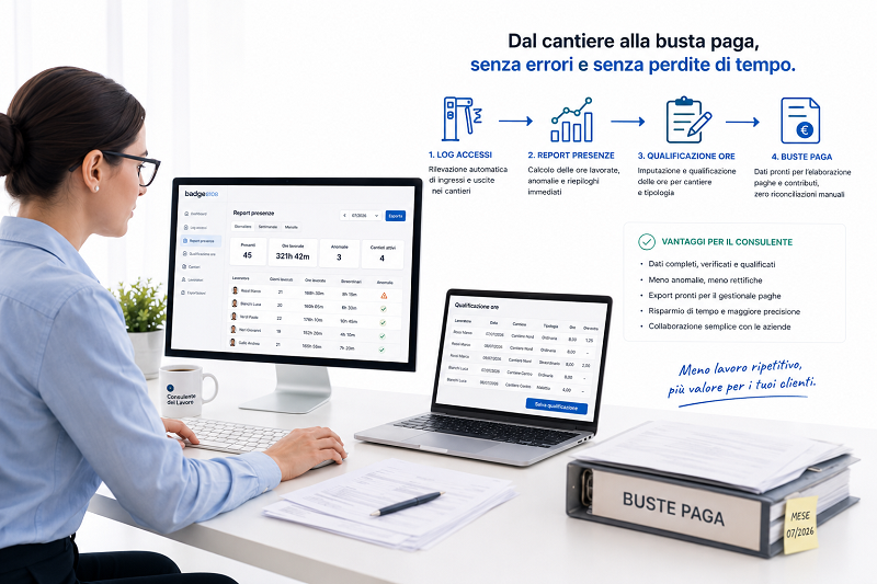 Badge8108 facilita la gestione delle presenze e delle ore per consulenti e uffici paghe